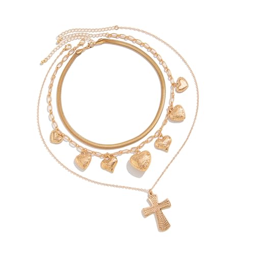 XuQiZZpp Schlangenkette, Fischgrätenmuster, Statement-Schmuck, mehrlagige Halskette mit Kreuzen und Herz-Anhänger, für modebewusste Frauen, 3 Stück von XuQiZZpp