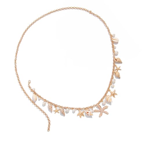 XuQiZZpp Verstellbare Bauchkette mit Muschel und Kunstperlen, Taillengürtel, Küsteninspirierter Körperschmuck für Damen von XuQiZZpp