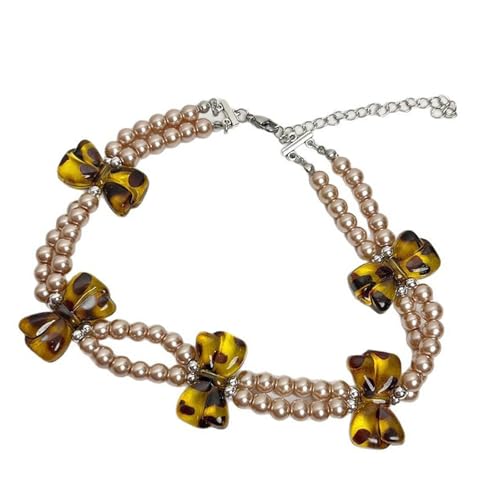 XuQiZZpp Zweistufige Halskette mit Kunstperlen, trendiges Leopardenmuster, Schleife, Halskette, Gothic, Modeschmuck, Accessoires von XuQiZZpp