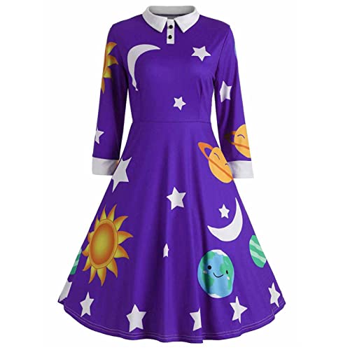 XuanXmy Damen Weihnachtsmode Vintage Kleid Sonne Mond Stern Print Revers Langarm Kleid lila M von XuanXmy