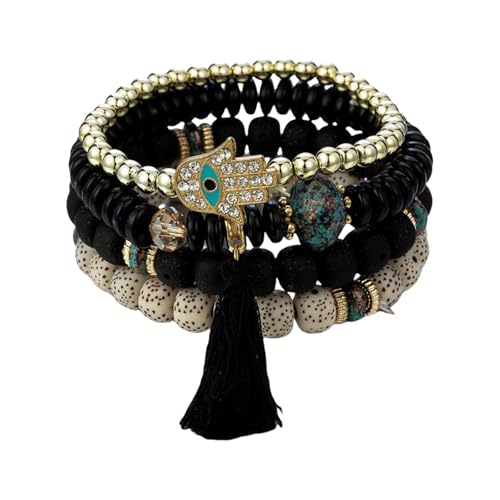 Xuancai Böser Blick-Armband-Set im Bohemian-Stil, mit Kristall-Handquasten, Anhänger und Perlenkette für trendige Frauen, für den täglichen Gebrauch, handgefertigtes Armband-Set, 4 Stück von Xuancai