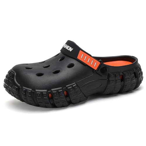 Clogs Herren Kinder Pantoletten Sommer Hausschuhe Clogs & Pantoletten für Damen Strand Sandalen Unisex Gartenschuhe mit Fußbett aus Weichem (Schwarz Orange 1,45) von Xuanke