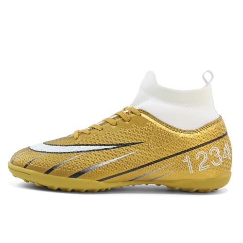 Xuanke Fußballschuhe Herren Damen High Top Cleats Indoor Athletics Fußballschuhe Kinder Professionelle Trainingsschuhe Atmungsaktive Sport Fußball Stiefel Wettkampf TF32-48 (Gold,43) von Xuanke