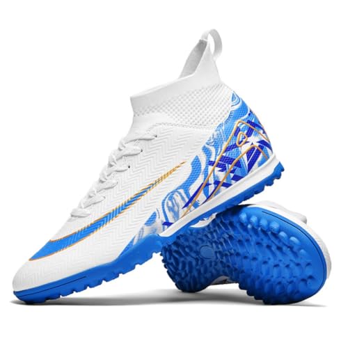 Xuanke Fußballschuhe Herren High Top Spike Cleats Outdoor Athletics Fußballschuhe Kinder Professionelle Trainingsschuhe Atmungsaktive Sport Fußball Stiefel Wettkampf AG/TF (Weiß Blau TF 5,43) von Xuanke