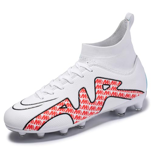 Xuanke Fußballschuhe Herren High Top Spike Cleats Outdoor Athletics Fußballschuhe Kinder Professionelle Trainingsschuhe Atmungsaktive Sport Fußball Stiefel Wettkampf AG/TF (Weiß Rot 4,39) von Xuanke