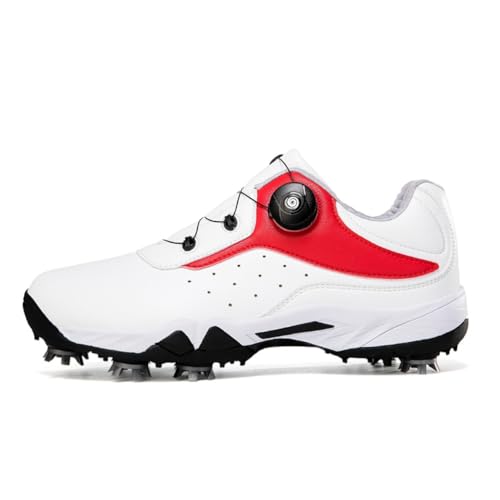 Xuanke Golfschuhe Herren Spikes Wasserdicht Atmungsaktive Turnschuhe Bequeme Damen Golf Trainingsschuhe Drehteller Schnellverschlussystem 36-46EU (Weiß Rot,38) von Xuanke