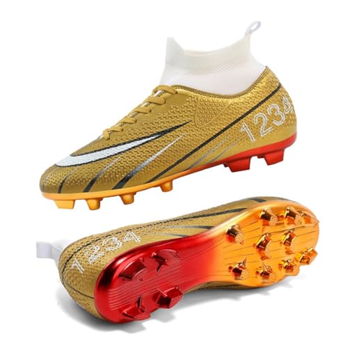 Xuanke Herren Fußballschuhe Jugend Professionelle Trainingsschuhe High Top Spikes Cleats Unisex Intdoor Outdoor Kinder Fußballschuhe für Kunstrasen geeignet Wettkampf TF/AG (35,AG-1 Gold) von Xuanke