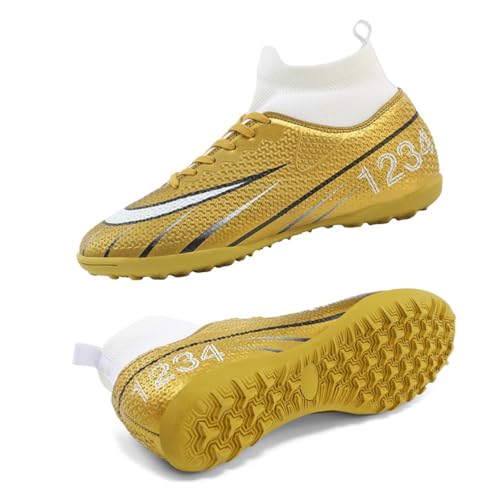 Xuanke Herren Fußballschuhe Jugend Professionelle Trainingsschuhe High Top Spikes Cleats Unisex Intdoor Outdoor Kinder Fußballschuhe für Kunstrasen geeignet Wettkampf TF/AG (35,TF-1 Gold) von Xuanke