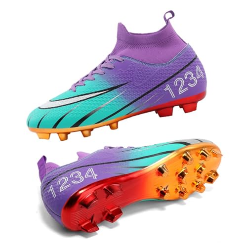 Xuanke Herren Fußballschuhe Jugend Professionelle Trainingsschuhe High Top Spikes Cleats Unisex Intdoor Outdoor Kinder Fußballschuhe für Kunstrasen geeignet Wettkampf TF/AG (47,AG-1 Lila) von Xuanke