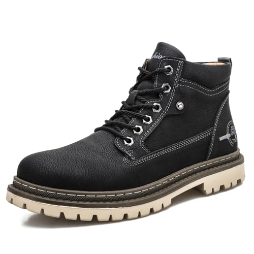 Xuanke Herren Stiefelette Schnürstiefeletten Motorrad Stiefel Mode Casual Arbeitsstiefel Weiche 38-48EU (Schwarz, Erwachsene, Herren, 45, Numerisch, EU Schuhgrößensystem, M) von Xuanke
