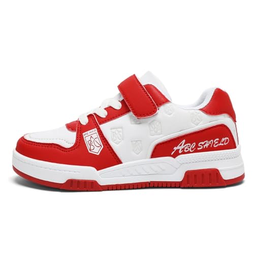 Xuanke Unisex Kinder Schuhe Jungen Mädchen Sneakers Klettverschluss Jugendliche Walkingschuhe Weich Flexibel rutschfest Freizeitschuhe Kids Atmungsaktiv Sneakers Grundschulkind Gr.28-39 (Weiß Rot,33) von Xuanke