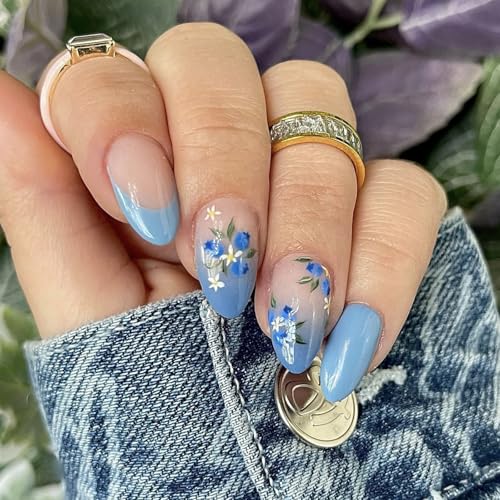 24 x kurze mandelblaue Blumennägel, französische Spitze, zum Aufkleben, vollständige Abdeckung, zum Aufdrücken der Nägel, Maniküre für stilvolle Frauen, Frühlingsdesigns 24 x kurze mandelblaue Blumennägel, französische Spitze, zum Aufkleben, vollständige Abdeckung, zum Aufdrücken der Nägel, Maniküre für stilvolle Frauen, Frühlingsdesigns von Xuanxi