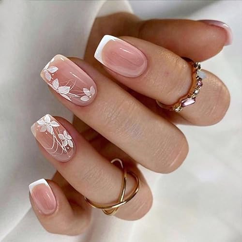 Blumige Acrylnägel, 24 Stück, französische Spitze, quadratisch, zum Aufdrücken, elegante Nägel, Zubehör, Fasel-Nägel für Frauen Blumige Acrylnägel, 24 Stück, französische Spitze, quadratisch, zum Aufdrücken, elegante Nägel, Zubehör, Fasel-Nägel für Frauen von Xuanxi