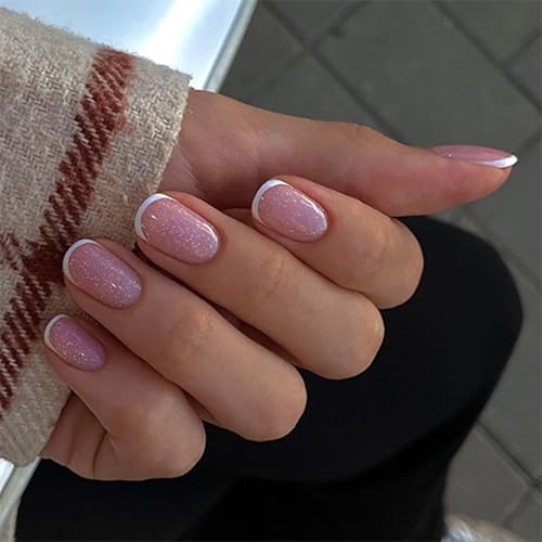 Künstliche Fingernägel, kurz, rund, elegant, französische Spitze, zum Aufkleben, glitzernd, für Damen, 24 Stück Künstliche Fingernägel, kurz, rund, elegant, französische Spitze, zum Aufkleben, glitzernd, für Damen, 24 Stück von Xuanxi