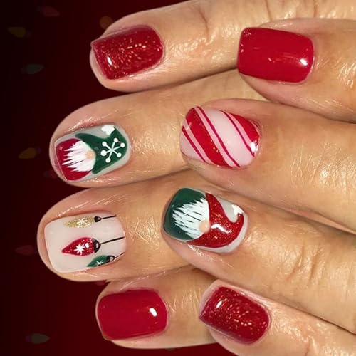 Künstliche Fingernägel mit Weihnachtsmann-Glitzer, rot, gestreift, für Damen, Weihnachten, Kostüm, Partys, Zubehör, Weihnachtsmann-Design, 24 Stück von Xuanxi