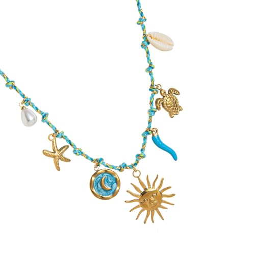 Xuanxi Ethnische Muschel-Seestern/Sonnenmond/Seepferdchen-Anhänger-Halskette, leichte Kordelkette, Schmuck, verstellbare Länge, Festival-Geschenk, personalisierte Länge, Strand-Halskette von Xuanxi