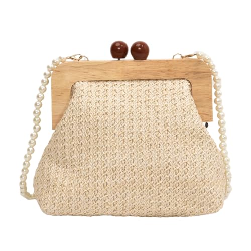 Xuanxi Taschen für Damen, gewebtes Stroh, Strand-Geldbörse mit Perlenkette, Holz, Kussverschluss, Schultertasche, elegante kleine Umhängetasche für den Urlaub, beige von Xuanxi