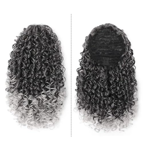 Pferdeschwanzverlängerung Echthaar, 14" Kinky Curly Pferdeschwanz for Frauen, synthetisches Afro-Haarteil(Grey+white) von Xuanyingfafafa