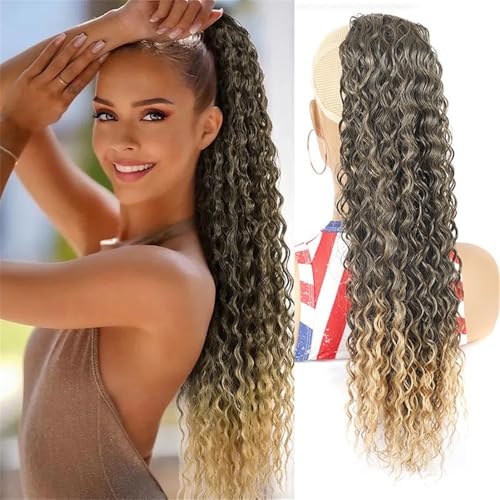 Pferdeschwanzverlängerung Echthaar, Afrikanische Perücke for Damen, Pferdeschwanz, Netztasche mit Kordelzug, tiefes lockiges Haar, Chemiefaser(Black) von Xuanyingfafafa