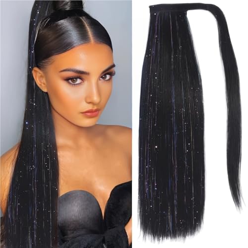 Pferdeschwanzverlängerung Echthaar, Bunte Pferdeschwanzperücke aus Laserseide for Frauen mit Riemen, lang, glatt(Black) von Xuanyingfafafa