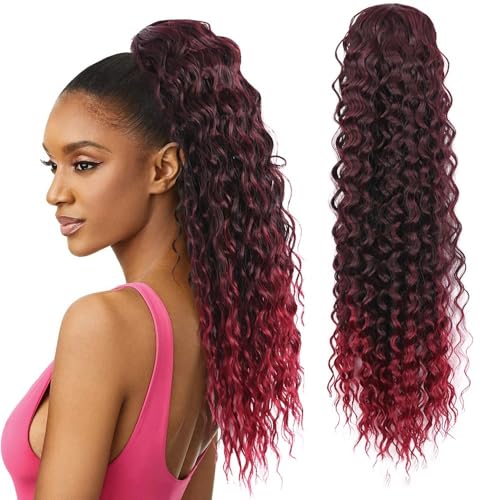 Pferdeschwanzverlängerung Echthaar, Damen Lange Synthetische Wrap Kordelzug Pferdeschwanz Verlängerung Afro Kinky Curly Stil(Black+red) von Xuanyingfafafa