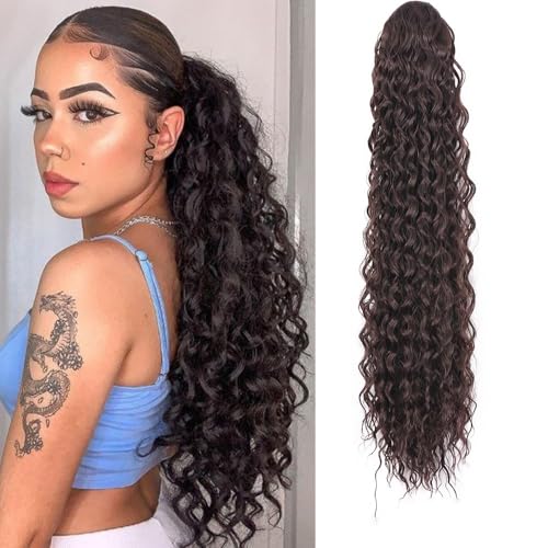 Pferdeschwanzverlängerung Echthaar, Damen Lange Synthetische Wrap Kordelzug Pferdeschwanz Verlängerung Afro Kinky Curly Stil(Light brown) von Xuanyingfafafa