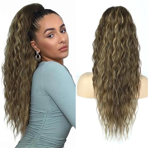 Pferdeschwanzverlängerung Echthaar, Lange synthetische Pferdeschwanz-Haarverlängerung mit Kordelzug for Damen, wunderschöner lockiger, gewellter Stil(Brownish gold) von Xuanyingfafafa