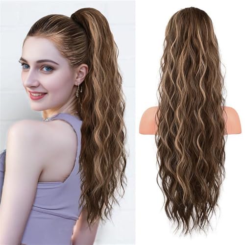 Pferdeschwanzverlängerung Echthaar, Lockige, gewellte Pferdeschwanz-Haarverlängerungen for Frauen – Synthetischer Kordelzug for Partys und den täglichen Gebrauch(Light brown gold variegations) von Xuanyingfafafa