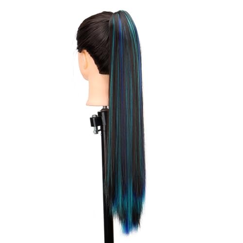 Pferdeschwanzverlängerung Echthaar, Synthetische 24 Zoll Klauenclip-Pferdeschwanzverlängerung for Frauen, hochhitzebeständig, mit gemischten Highlights(Black+blue) von Xuanyingfafafa