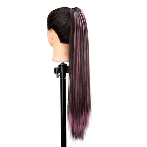 Pferdeschwanzverlängerung Echthaar, Synthetische 24 Zoll Klauenclip-Pferdeschwanzverlängerung for Frauen, hochhitzebeständig, mit gemischten Highlights(Black+pink) von Xuanyingfafafa