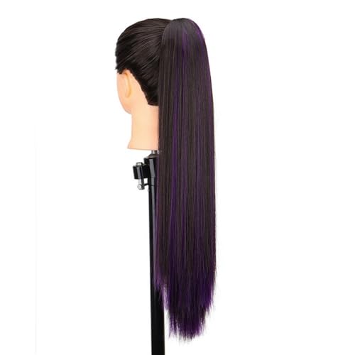Pferdeschwanzverlängerung Echthaar, Synthetische 24 Zoll Klauenclip-Pferdeschwanzverlängerung for Frauen, hochhitzebeständig, mit gemischten Highlights(Black+purple) von Xuanyingfafafa