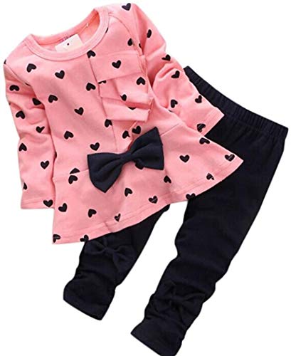 Kleinkind SäUglingsbaby MäDchen Kleidungs Satz, Neugeborene Baby SäTze HerzföRmig Druck Fliege Nette 2PCS Scherzt Gesetzte Lange HüLsen T-Shirt + Hosen (Rosa, 12-18 Monate) von XueR