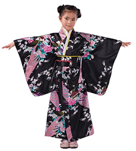 XueXian(TM) Mädchen Kimono mit Obi-Gürtel Robe Yukata Blumen Pfau Muster Japanisch Morgenmantel(Höhe:110-120 cm/Schwarz) von XueXian(TM)