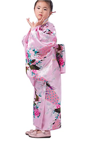 XueXian(TM) Mädchen Kimono mit Obi-Gürtel Robe Yukata Blumen Pfau Muster Japanisch Morgenmantel(Höhe:120-130 cm/Rosa) von XueXian(TM)