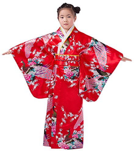 XueXian(TM) Mädchen Kimono mit Obi-Gürtel Robe Yukata Blumen Pfau Muster Japanisch Morgenmantel(Höhe:130-140 cm/Rot) von XueXian(TM)