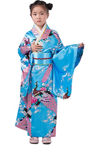 XueXian(TM) Mädchen Kimono mit Obi-Gürtel Robe Yukata Blumen Pfau Muster Japanisch Morgenmantel(Höhe:140-150 cm/Blau) von XueXian(TM)