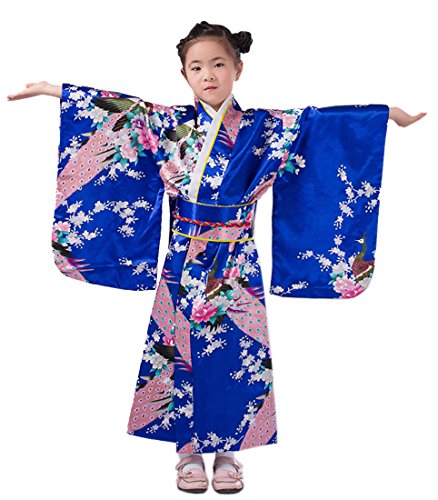 XueXian(TM) Mädchen Kimono mit Obi-Gürtel Robe Yukata Blumen Pfau Muster Japanisch Morgenmantel(Höhe:140-150 cm/Polarblau) von XueXian(TM)