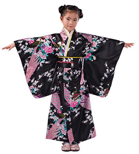 XueXian(TM) Mädchen Kimono mit Obi-Gürtel Robe Yukata Blumen Pfau Muster Japanisch Morgenmantel(Höhe:140-150 cm/Schwarz) von XueXian(TM)