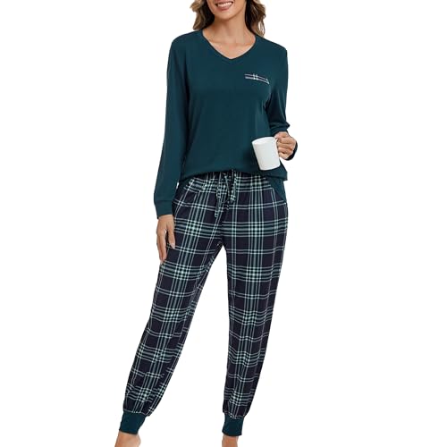 Xuepelit Damen Schlafanzug Lang Schlafanzug Damen Langarm Pyjama Set Zweiteiler Loungewear Winter Pyjama Set V-Ausschnitt Nachtwäsche Schlafshirt,Blue,2XL von Xuepelit