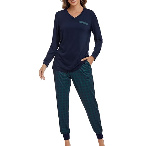 Xuepelit Damen Schlafanzug Lang Schlafanzug Damen Langarm Pyjama Set Zweiteiler Loungewear Winter Pyjama Set V-Ausschnitt Nachtwäsche Schlafshirt,Blue,2XL von Xuepelit