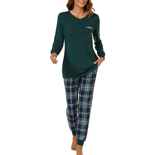 Xuepelit Damen Schlafanzug Lang Schlafanzug Damen Langarm Pyjama Set Zweiteiler Loungewear Winter Pyjama Set V-Ausschnitt Nachtwäsche Schlafshirt,Grün,2XL von Xuepelit