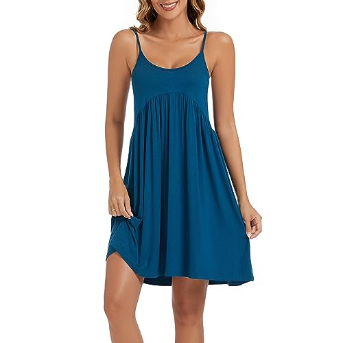 Xuepelit Nachthemd Damen Sexy Spaghetti Trägerkleid Tank-Kleid Ärmellos Spaghettiträger Kleid Damen Still Sommer Nachtwäsche Baumwolle，Blau L von Xuepelit