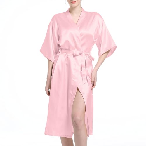 Xuepelit Kimono Bademantel Damen Sommer Satin Bride Morgenmantel Damen Leicht Lang Braut Morgenmantel Seidenpyjama, Rosa,M von Xuepelit