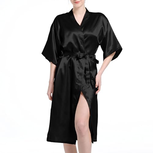 Xuepelit Kimono Bademantel Damen Sommer Satin Bride Morgenmantel Damen Leicht Lang Braut Morgenmantel Seidenpyjama, Schwarz,L von Xuepelit