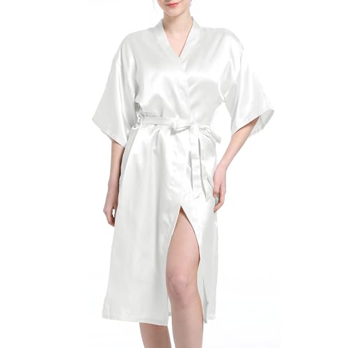 Xuepelit Kimono Bademantel Damen Sommer Satin Bride Morgenmantel Damen Leicht Lang Braut Morgenmantel Seidenpyjama, Weiß,L von Xuepelit