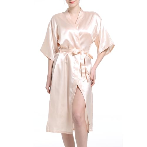 Xuepelit Kimono Bademantel Damen Sommer Satin Bride Morgenmantel Damen Leicht Lang Braut Morgenmantel Seidenpyjama, Weiß,XL von Xuepelit