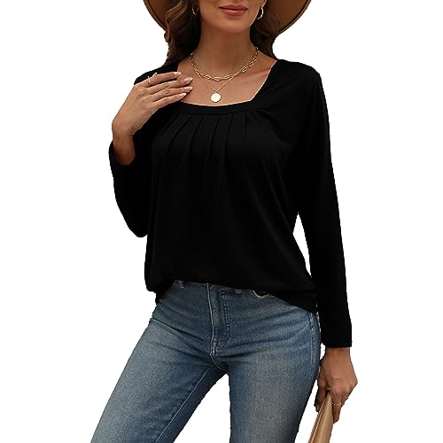 Xuepelit Langarmshirt Damen Leichter Tshirt Oberteile Langarm Tops Elegant Plissiert für Frühling Herbst Winter Shirts Blusen & Tuniken, Schwarz，M von Xuepelit