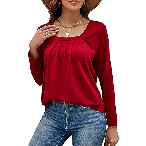 Xuepelit Langarmshirt Damen Leichter Tshirt Oberteile Langarm Tops Elegant Plissiert für Frühling Herbst Winter Shirts Blusen & Tuniken, Tiefrot，XL von Xuepelit