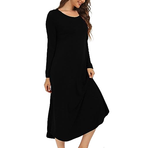 Xuepelit Nachthemd Damen Lang Sexy Nachtwäsche Stillnachthemd Langarm Baumwolle Oversize Schlafshirt Unterkleid Große Größe Für Frauen Pyjamas Kleid，Schwarz L von Xuepelit