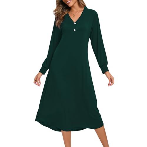 Xuepelit Nachthemd Damen Langarm Baumwolle Oversize Schlafshirt Stillnachthemd mit Knopfleiste Lang Sexy Nachtwäsche Unterkleid Große Größe Für Frauen Pyjamas Kleid ，Grün L von Xuepelit